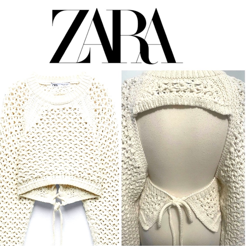 ZARA Ivory Open Back Knit Cropped Sweater - Size L - NEW